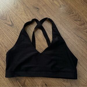 Offline Aerie Black Ribbed Sports Bra size large unpadded Crossback run sports